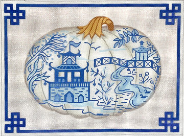 Chinoiserie Porcelain Pumpkin with White Background Chinese Border (Trunk Show)