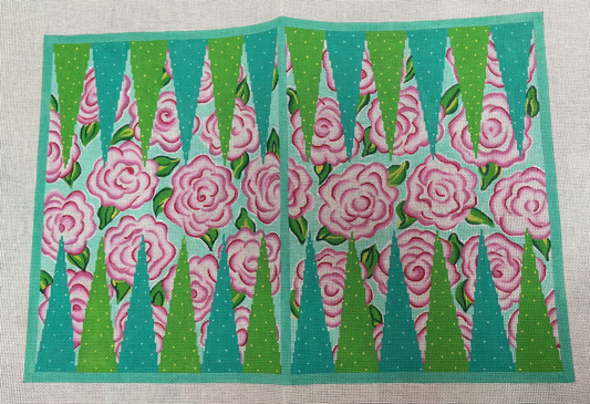 Backgammon Board 13m Canvas - Lilly-inspired Roses - Pinks, Greens & Turquoise (Trunk Show)