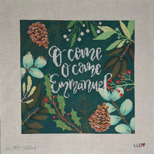 Green Botanical Pillow -- O Come O Come Emmanuel 13ct