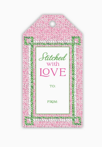 Stitched with Love Pink and Green Gift Tag