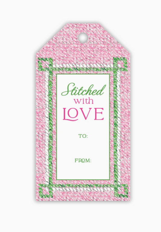 Stitched with Love Pink and Green Gift Tag