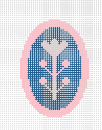 Navy & Pink Block Print Flower Oval