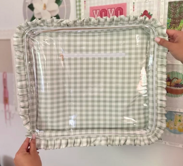 Sage Green Gingham Ruffle Carryall Project Bag
